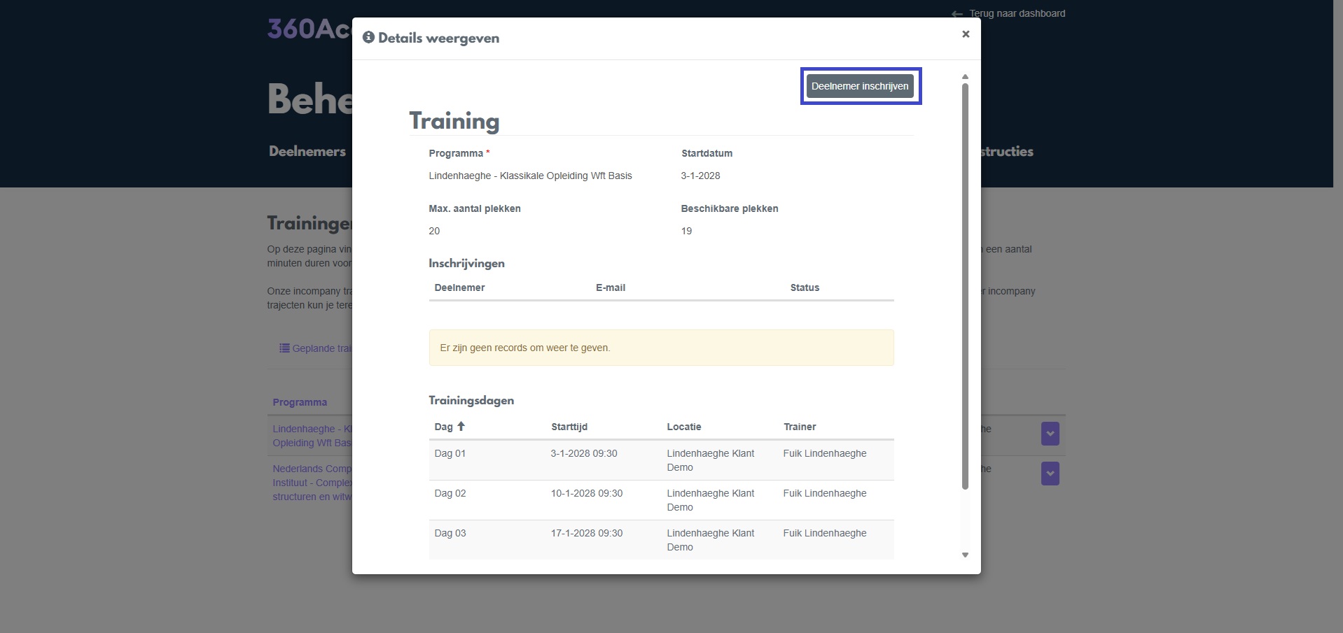 Medewerker inschrijven voor de training via de knop 'Deelnemer inschrijven'