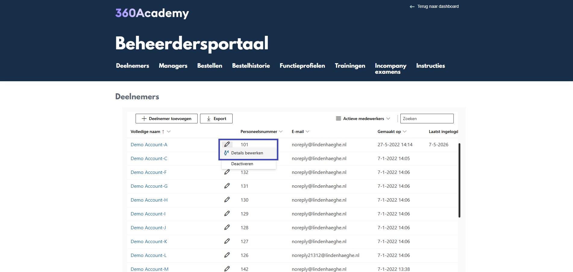 Inloggen op het persoonlijke dashboard van een medewerker via de link in het overzicht met deelnemers.