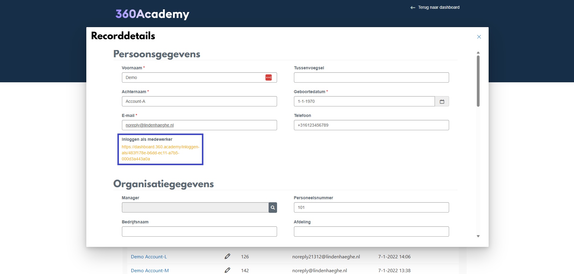 Inloggen op het persoonlijke dashboard van een medewerker via de link in het overzicht met deelnemers.