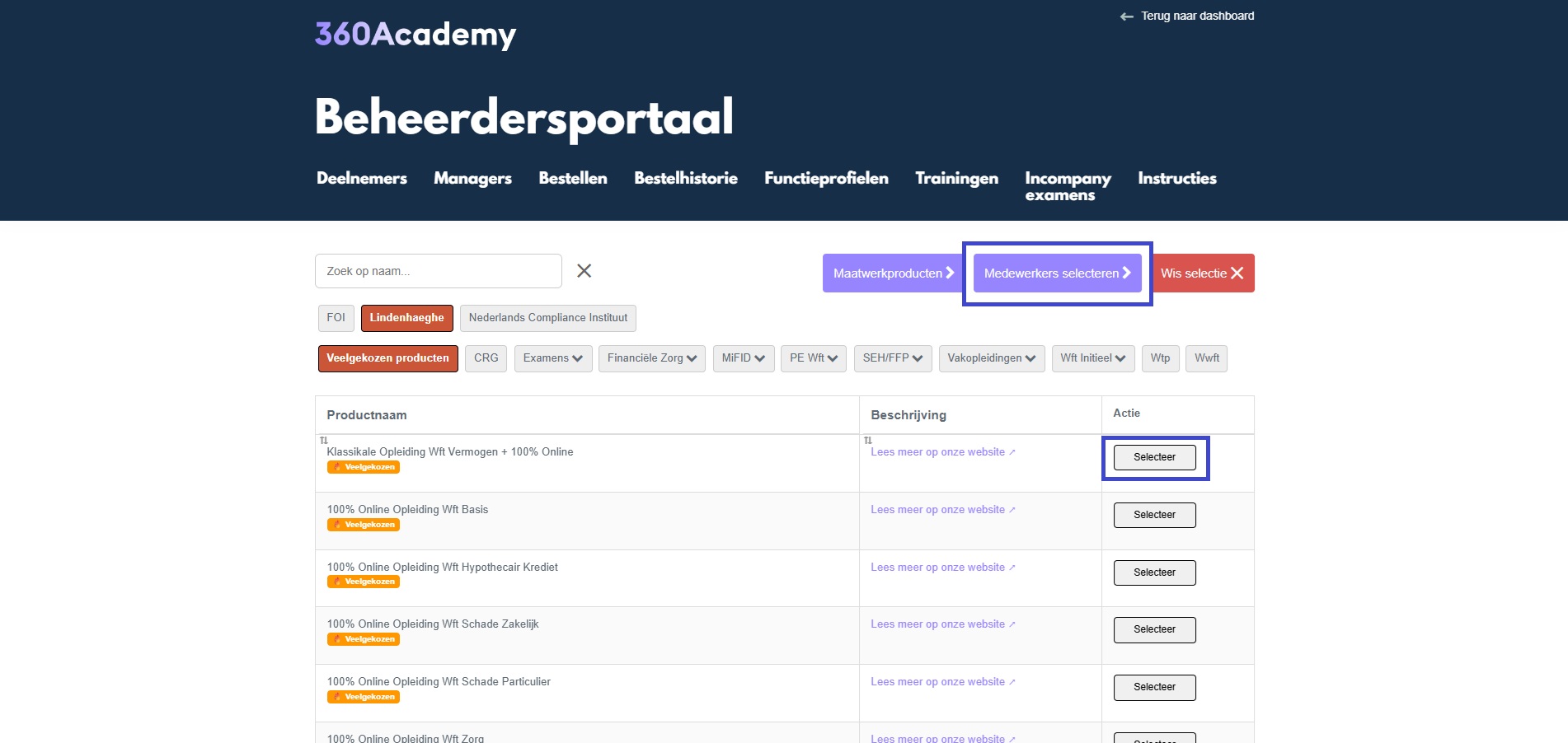 Product klaarzetten via tabblad 'Bestellen' en knop 'Medewerkers selecteren'