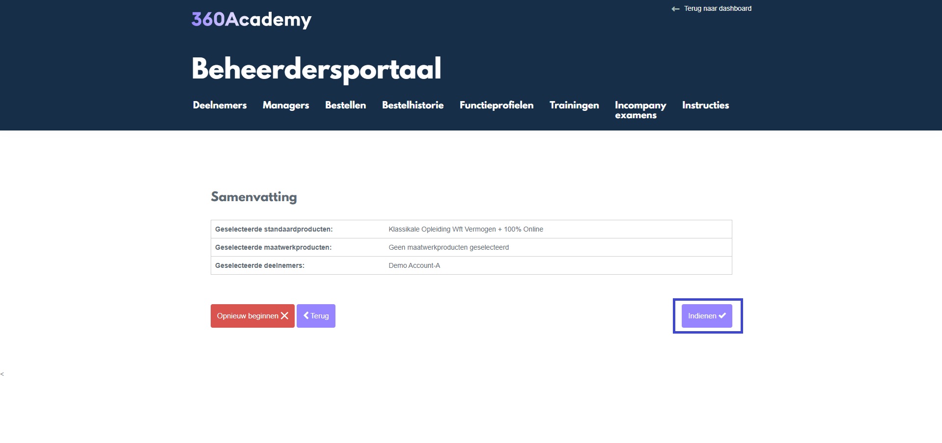 Medewerkers selecteren, bestelling controleren en indienen via 'Indienen'