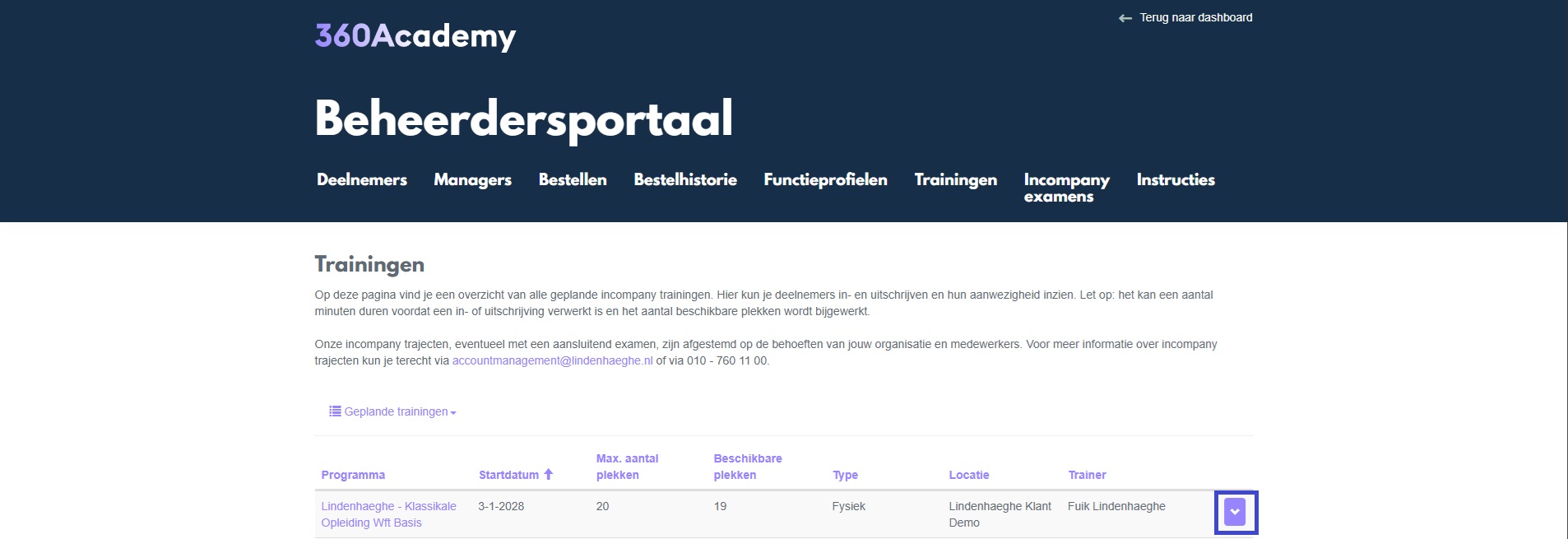 Medewerker eerst aanmelden in het dashboard, daarna via 'Trainingen' de training openen om in- of uit te schrijven.