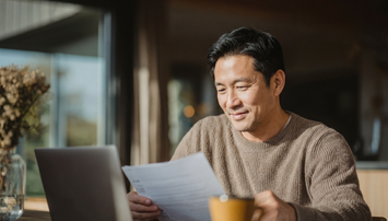 Man achter laptop bekijkt documenten