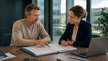 Twee professionals aan tafel bespreken een bedrijfsovername