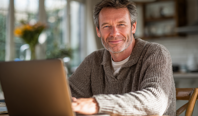 Man in grijze trui achter laptop