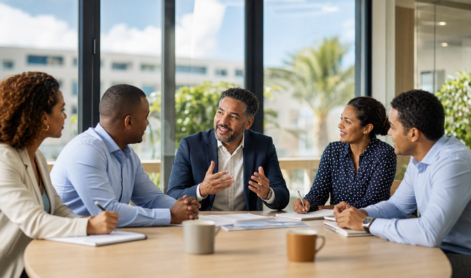 Diverse groep van vijf zakelijke professionals in gesprek aan een tafel in een moderne vergaderruimte met grote ramen en uitzicht op palmbomen.